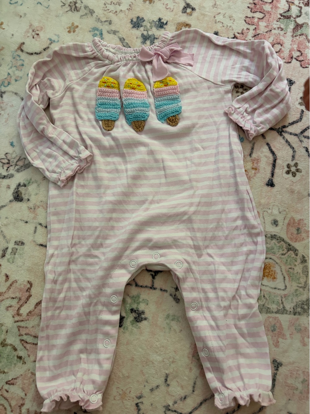 Mud Pie Pink and White Striped Footie with Crochet Popsicle Appliqués